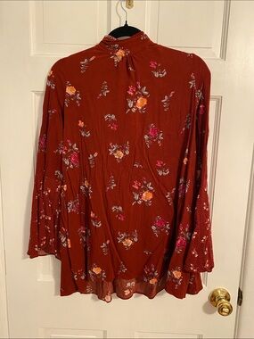 Free People Rust Floral Tie-Neck Blouse